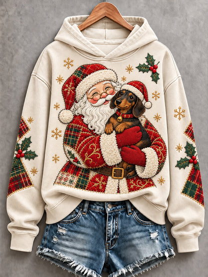 Women's Christmas Santa Claus Dachshund Patchwork Print Casual Hoodie