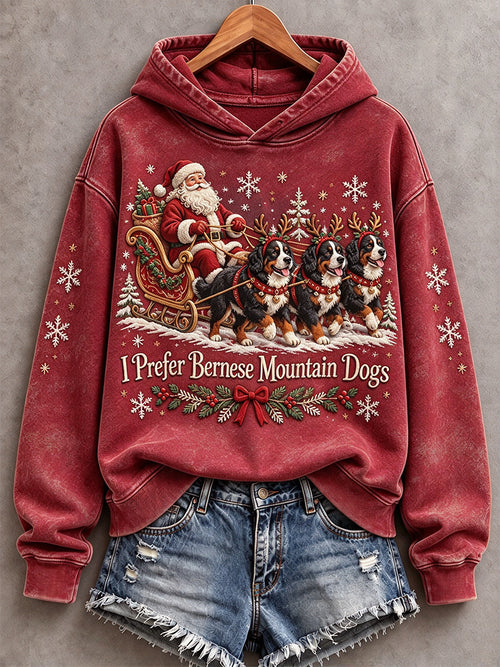 Women's Christmas I Prefer Bernese Mountain Dogs Santa Claus & Dogs Print Hoodie