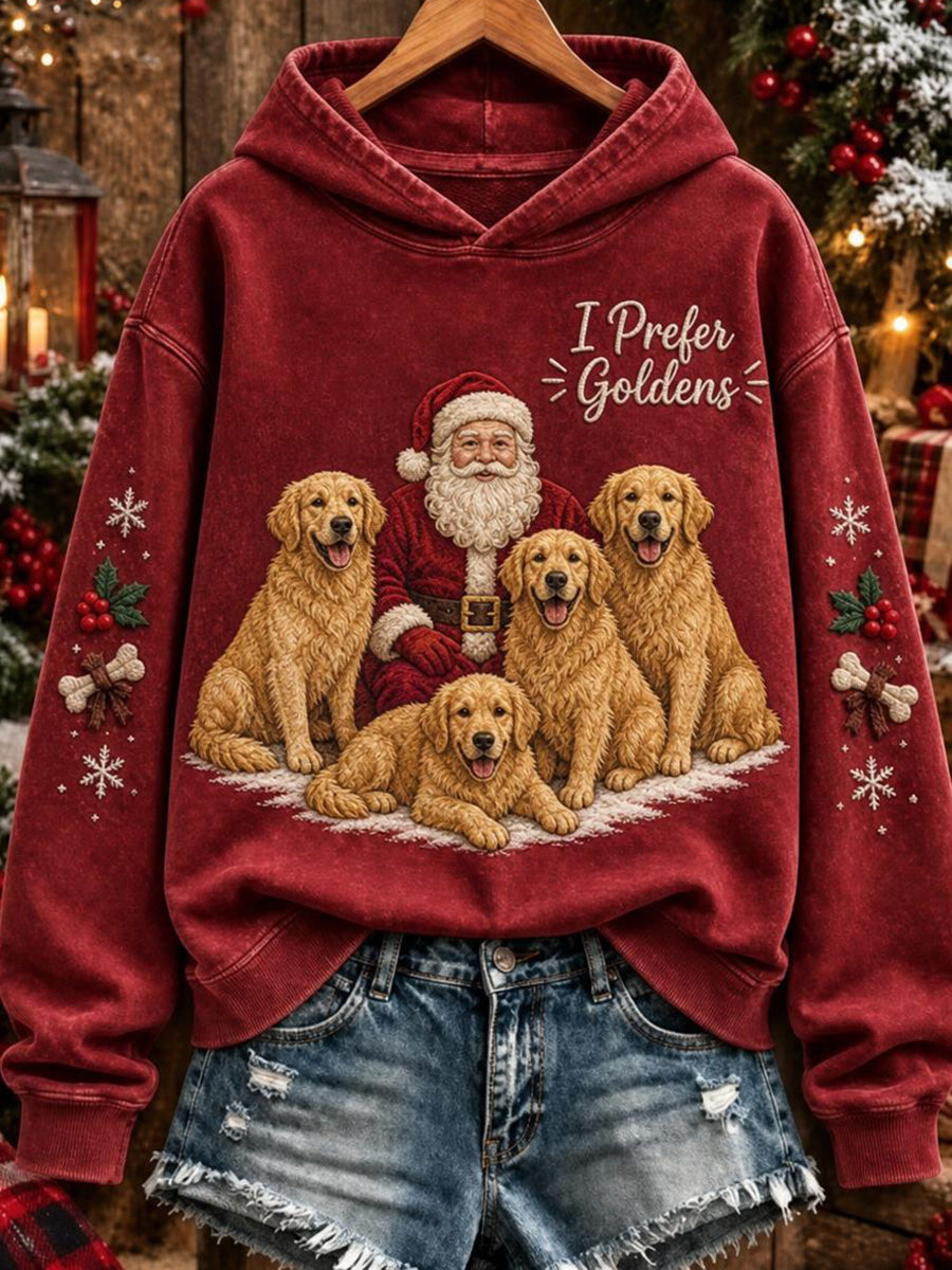 Women's Christmas I Prefer Goldens Santa Claus & Dogs Print Hoodie
