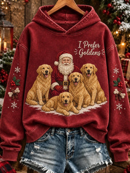 Women's Christmas I Prefer Goldens Santa Claus & Dogs Print Hoodie