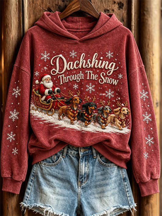 Women's Dachshing Through the Snow Christmas Santa Claus & Dachshund Dogs Print Hoodie