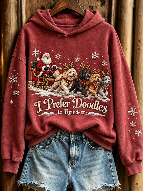 Women's I Prefer Doodles to Reindeer Christmas Santa Claus & Dogs Print Hoodie