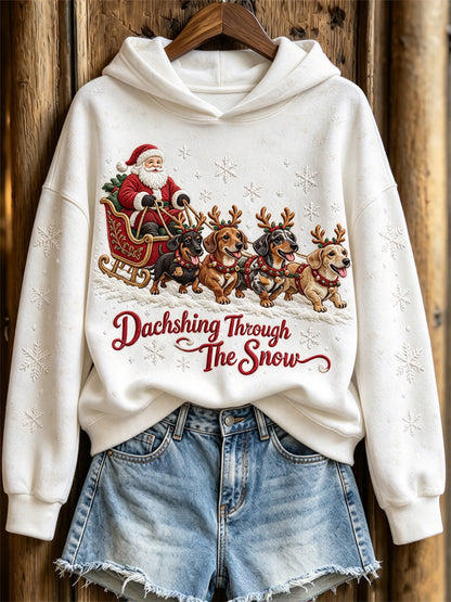 Women's Dachshing Through the Snow Christmas Santa Claus & Dachshund Dogs Print Hoodie