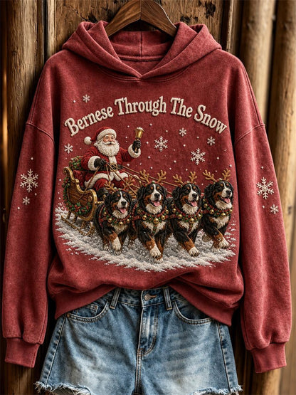 Women's Bernese Through the Snow Christmas Santa Claus & Dogs Print Hoodie