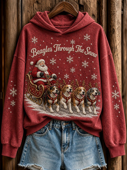 Women's Beagles Through the Snow Christmas Santa Claus & Dogs Print Hoodie
