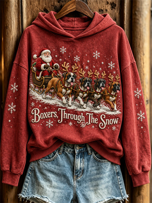 Women's Boxers Through the Snow Christmas Santa Claus & Dogs Print Hoodie
