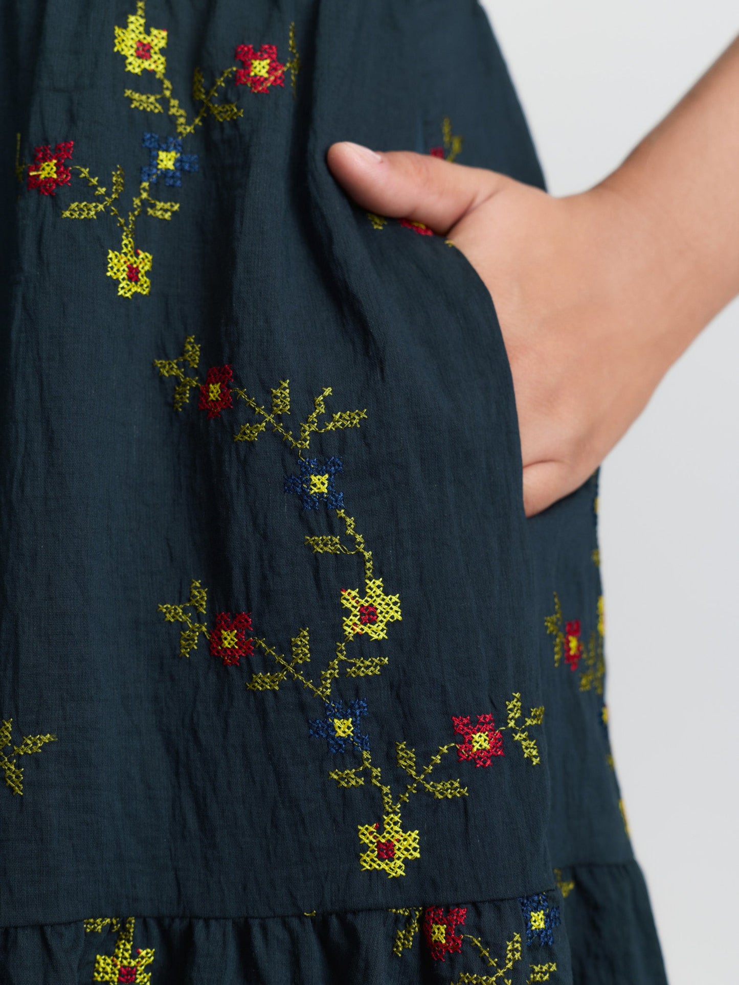 Floral Embroidered Sleeve Tie Midi Dress