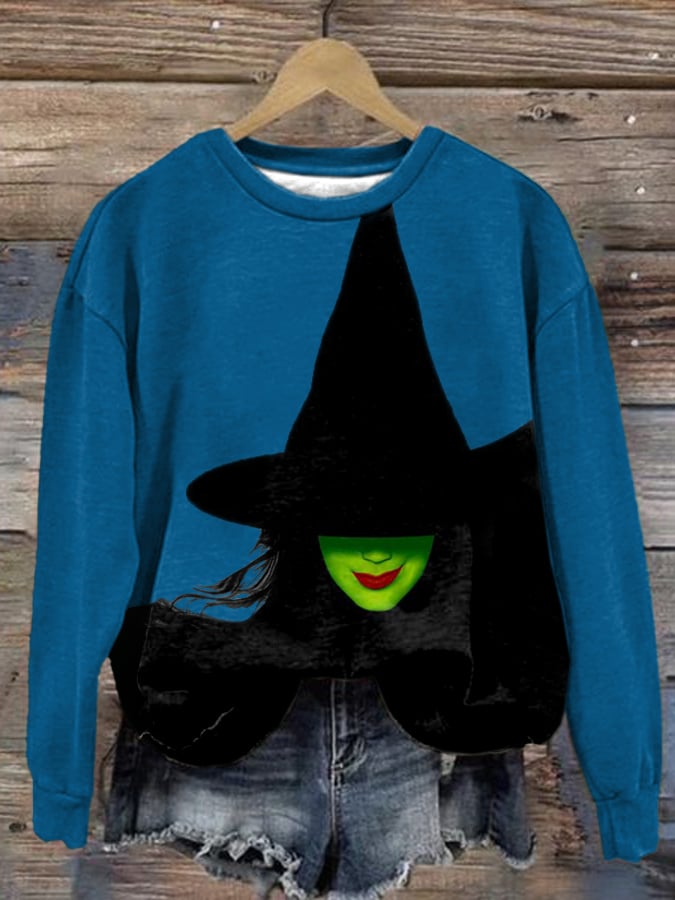 Halloween Witch Print Round Neck Sweatshirt