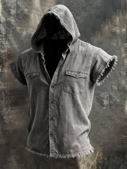 Men'S Retro Cotton-Linen Short-Sleeve Hoodie Shirt With Frayed Edges