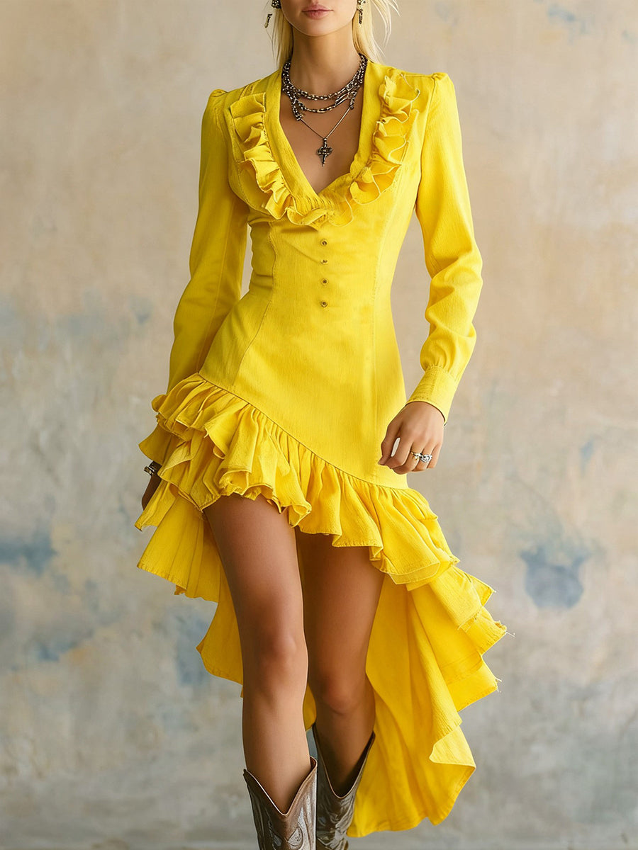 Party Blue V Neck Long Sleeve Ruffle Western Asymmetric Hem Denim Midi Dresses