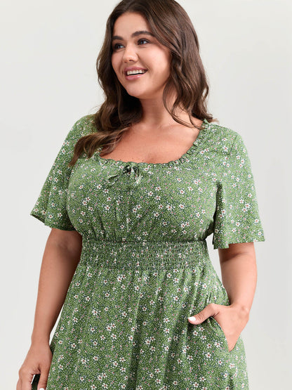 Floral Print Shirred Pockets Midi Dress