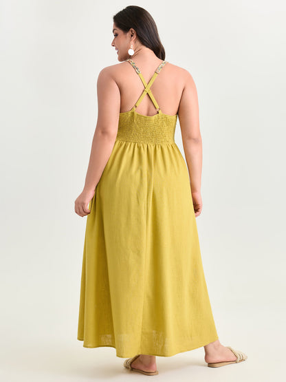 Cotton Linen Breathable Color Contrast Edges Maxi Dress