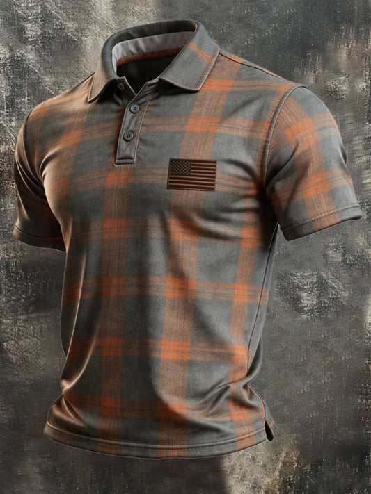 Men's Retro Patriotic Color-Block Short-Sleeve Polo Shirt