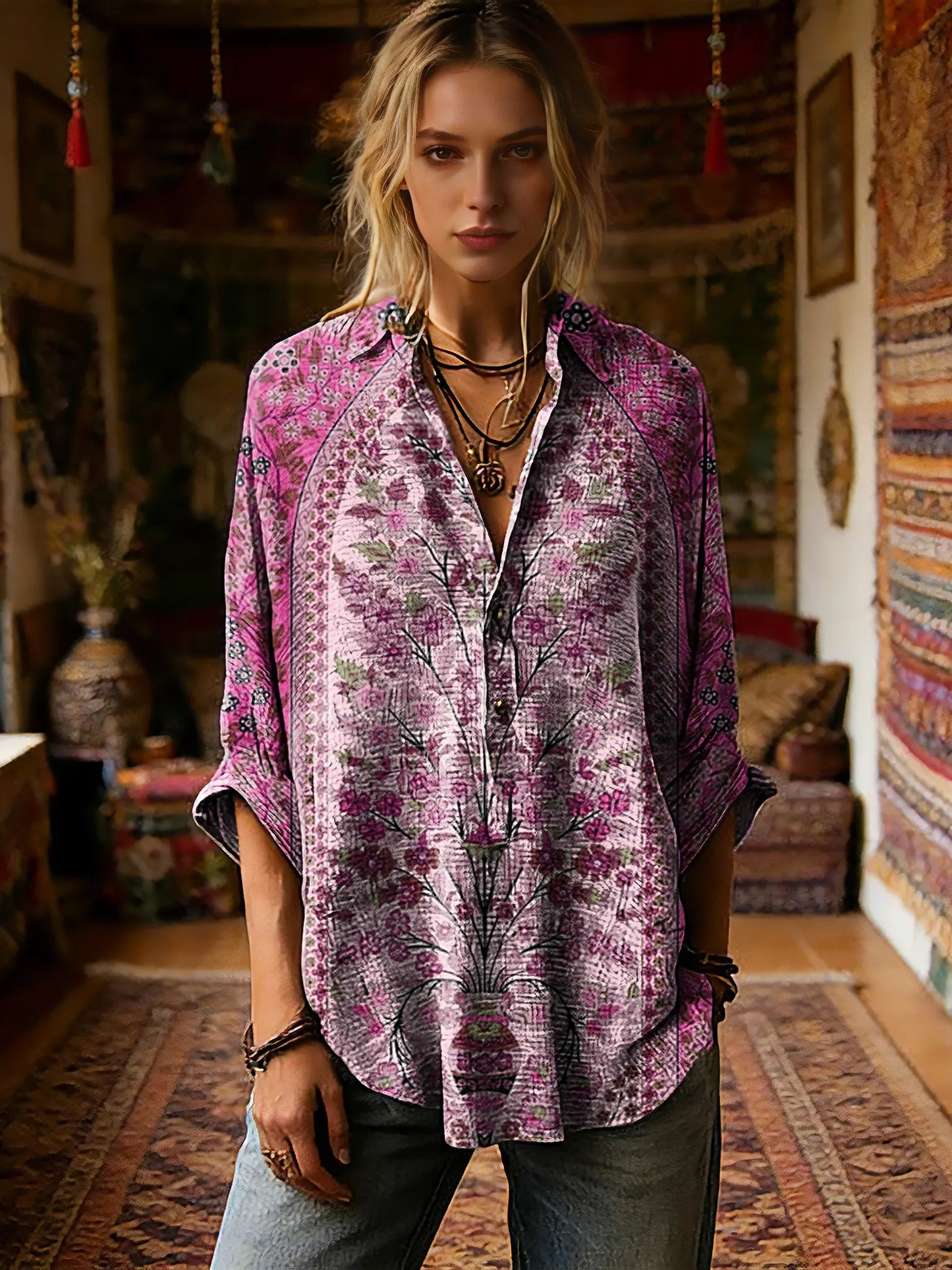 Women's Vintage Ethnic Floral Pattern Art Print Casual Long-sleeve Shirt