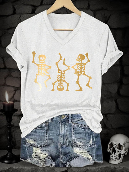 Women's Halloween Skull Gold Metal Print V-Neck Short Sleeve T-Shirt