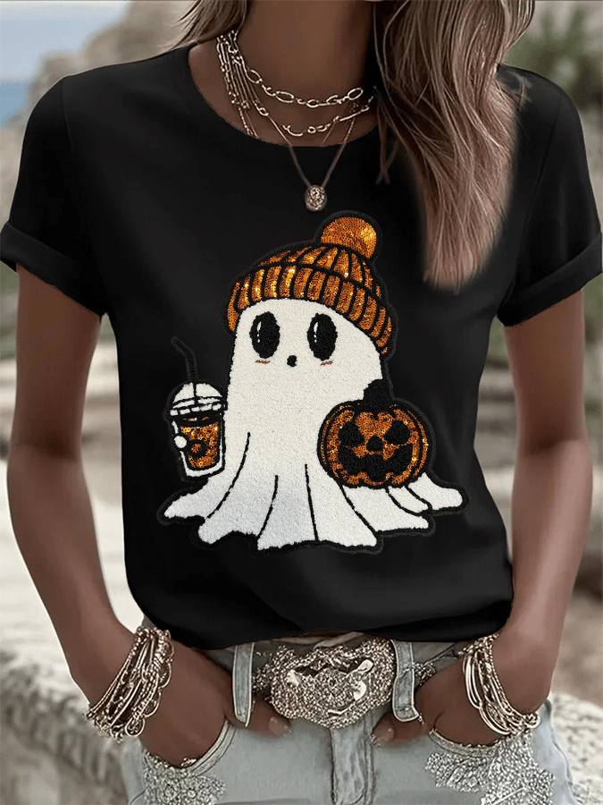 Women's Halloween Ghost Print Crew Neck T-Shirt