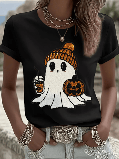 Women's Halloween Ghost Print Crew Neck T-Shirt