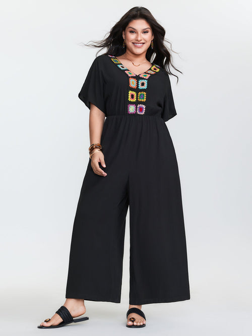 Colorful Crochet Neckline Plain Jumpsuit