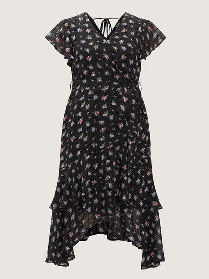 Floral Print Waist-Tie High Low Hem Midi Dress