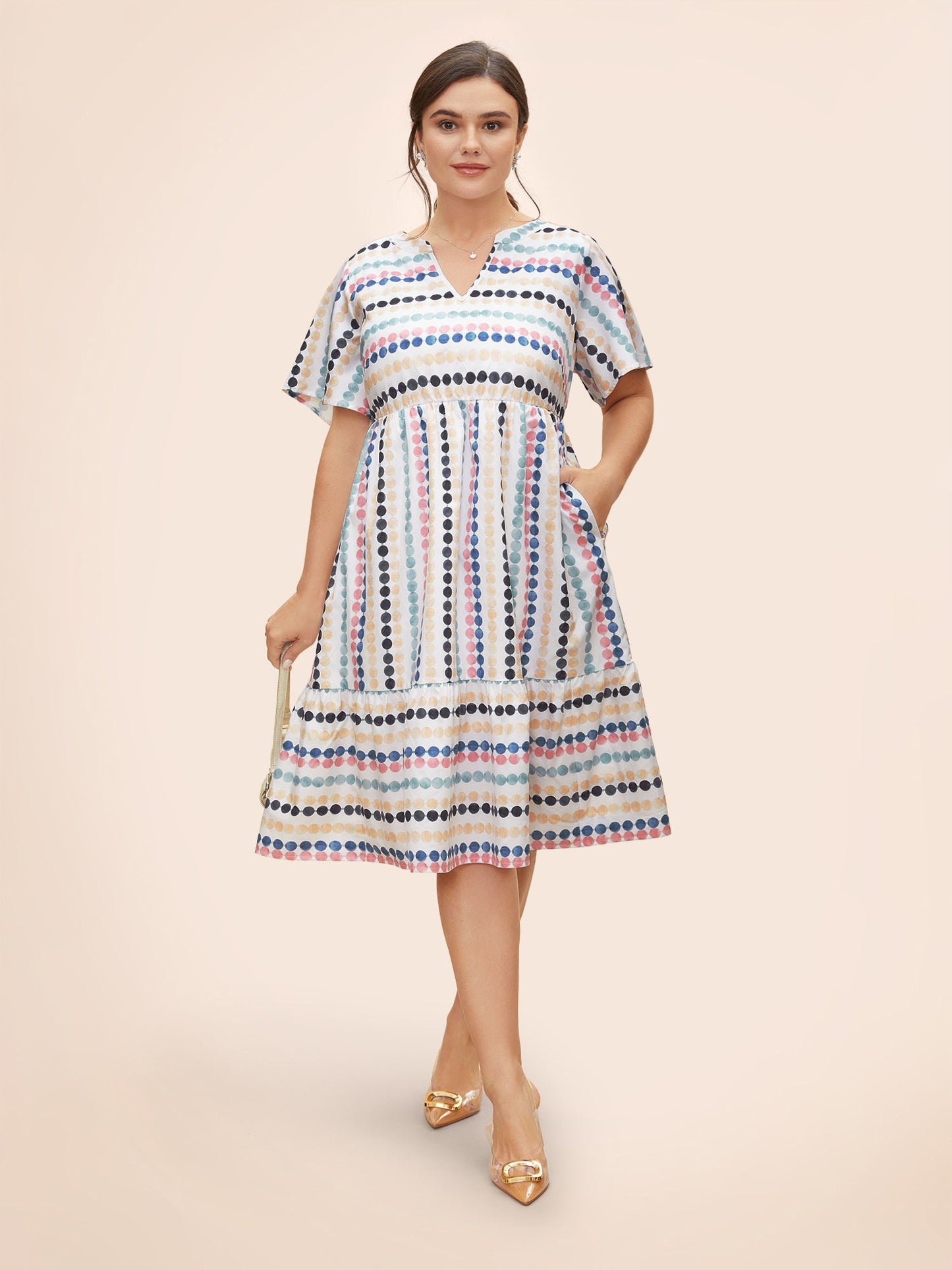 Dot Print Elastic Waist Split Neck Mini Dress