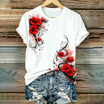 Women's Memorial Day Poppy Art Printed T-Shirt
