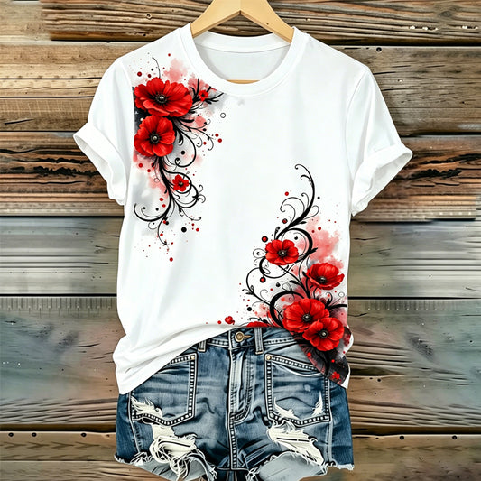 Women's Memorial Day Poppy Art Printed T-Shirt