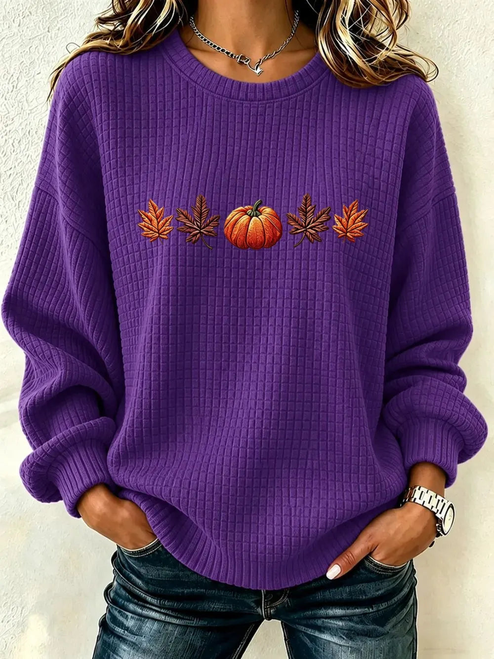 Women's Pumpkin Print Crew Neck Check Sweatshirt