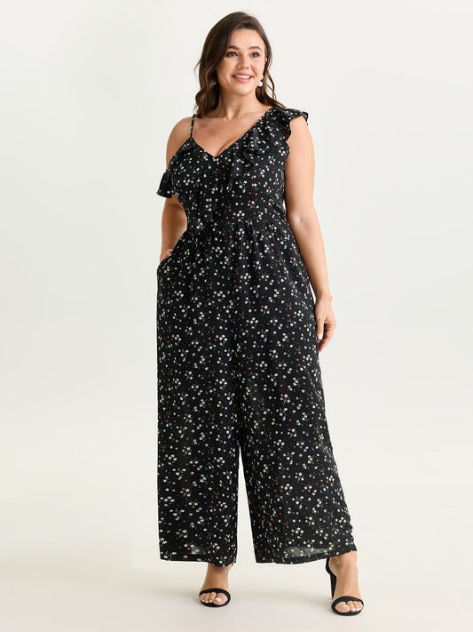 Floral Print One-Shoulder Ruffled Jumpsuit
