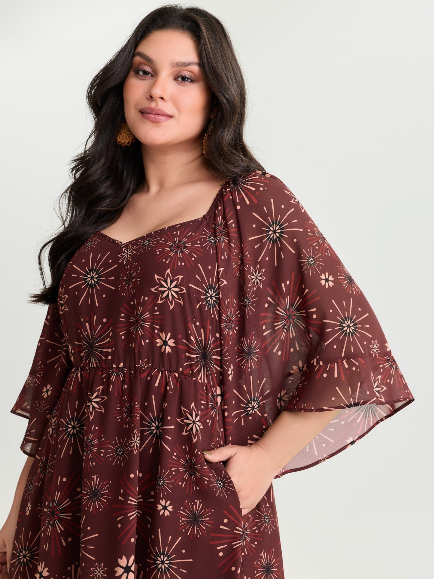 Vintage Floral Print Flowy Mesh Midi Dress