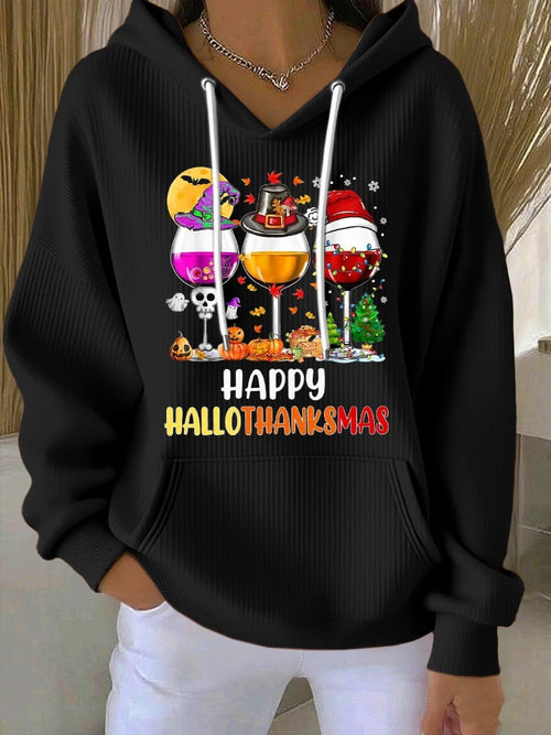 🔥HOT SALE🔥Women'S Happy HalloThanksMas Wine Print Casual Hoodie