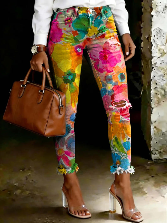Women's Colorful Floral Print Ripped Skinny Jeans