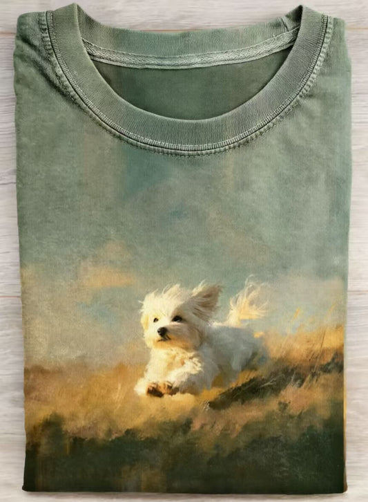 Funny Cute Running Dog Art Print Casual Cotton Short Sleeve T-shirt