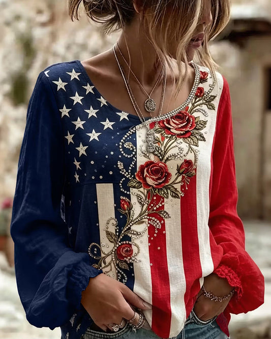 Rose Print Stars And Stripes Contrast Puff Sleeve Round Neck Top