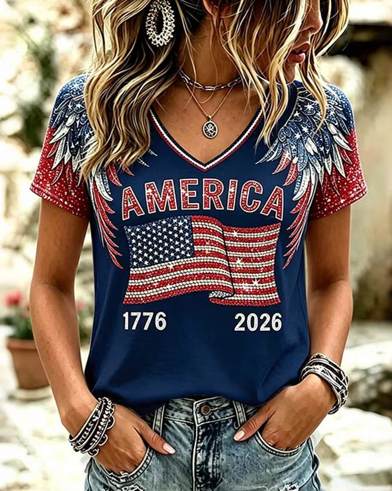 AMERICA Letter Flag Wings Elemental Glitter Print V-Neck Short Sleeve Tee