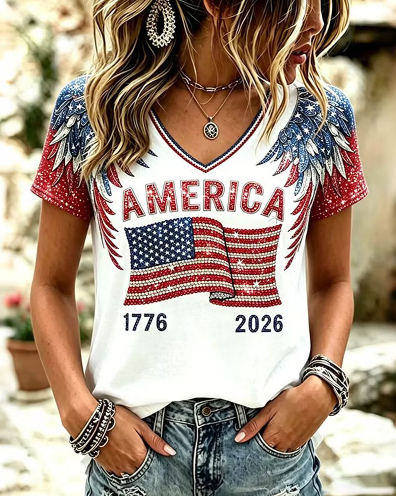 AMERICA Letter Flag Wings Elemental Glitter Print V-Neck Short Sleeve Tee