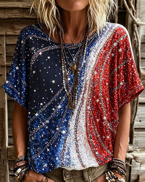 Gradient Glitter Stars And Stripes Star-Print Round Neck Short-Sleeve Tee