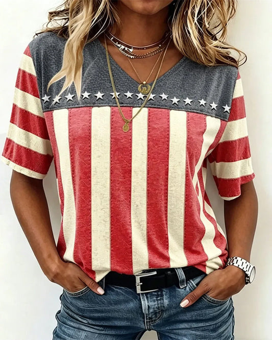 Stitched Vertical Stripe Five-pointed Star Hem Contrast V-Neck Tee