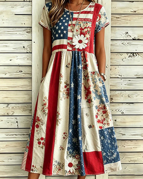 American Flag Floral-Print Daisy-Print Round Neck Short-Sleeved A- Line Dress
