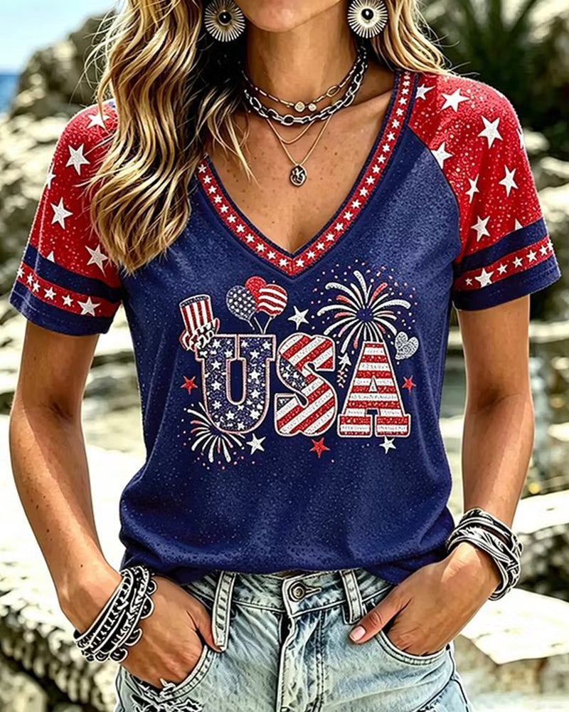 USA Alphabet Flag Fireworks Elements Red And White Colorblock V-Neck Short Sleeve T-Shirt