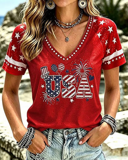 USA Alphabet Flag Fireworks Elements Red And White Colorblock V-Neck Short Sleeve T-Shirt