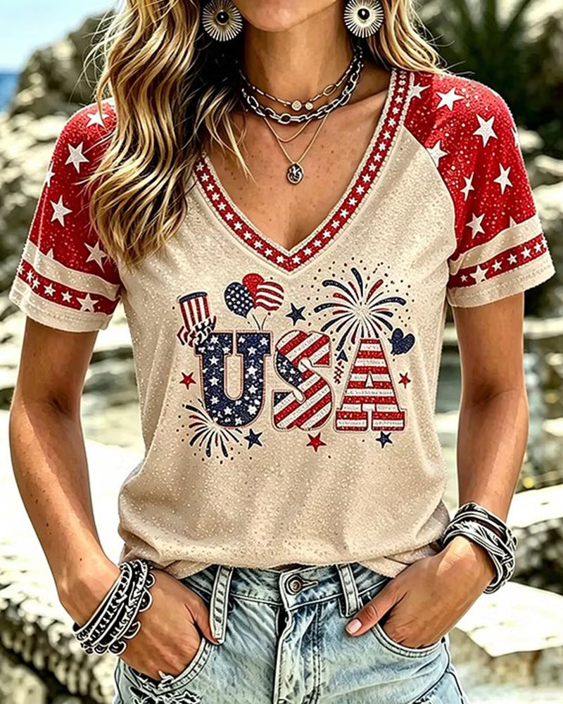 USA Alphabet Flag Fireworks Elements Red And White Colorblock V-Neck Short Sleeve T-Shirt