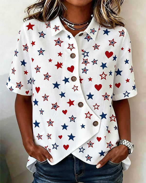 250th Anniversary Star Print Lapel Button-Down Short-Sleeved Shirt