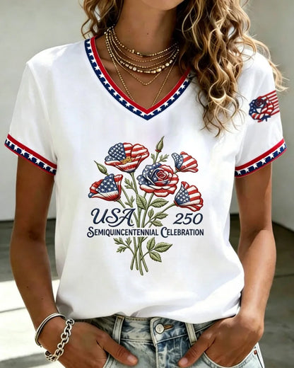 250th Anniversary Floral Print V-neck Short Sleeve Tshirt