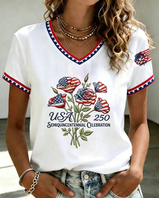 250th Anniversary Floral Print V-neck Short Sleeve Tshirt