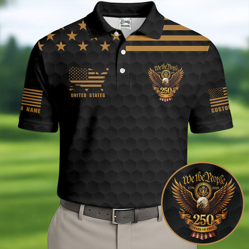 We The People 250 Years Golf Ball Pattern Black Golf Shirt, 4th Of July Patriotic Golf Shirts For Men
