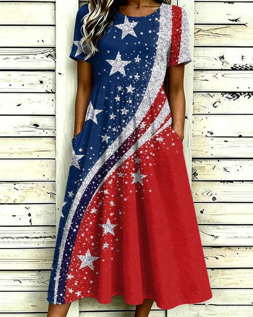 Fun Color-blocked Silver Stars Print Pocket Casual Dress