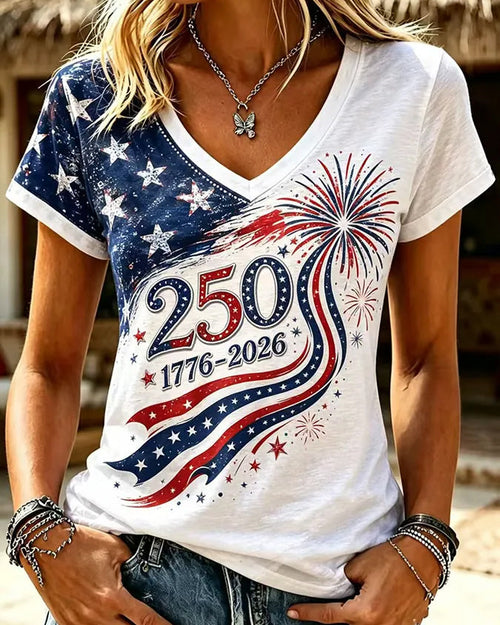 250th Anniversary Fireworks Stars Print V-neck Short Sleeve Tshirt
