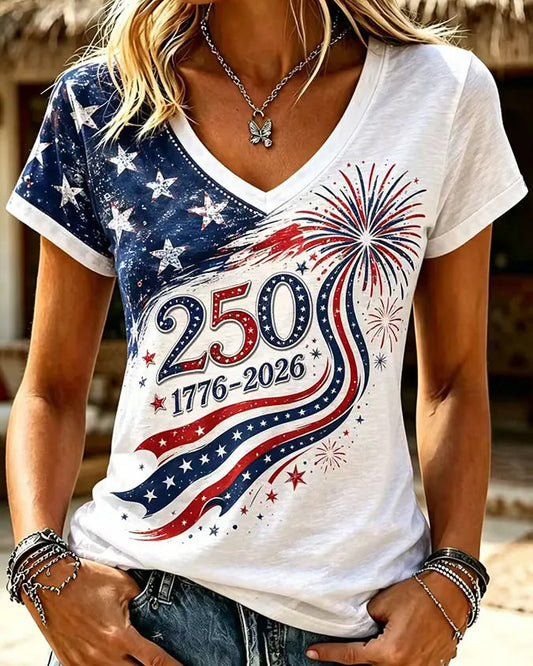 250th Anniversary Fireworks Stars Print V-neck Short Sleeve Tshirt