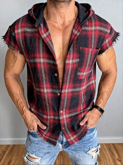 Men'S Retro Pure Cotton Distressed Short-Sleeve Hoodie T-Shirt
