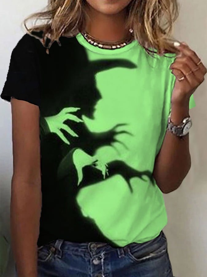 Women's Halloween Witch Shadow Print Casual Tee
